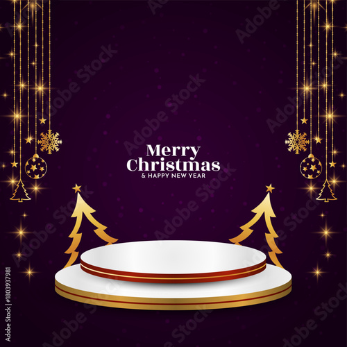 Modern Merry Christmas festival card with podium for product display