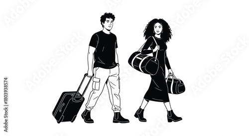 Couple with luggage walking together, ready for travel or departure