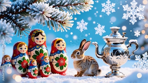 Russian winter composition with matryoshka dolls, rabbit animal, and silver samovar on snow with snowflake decorations.
