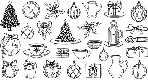 Festive Christmas Collection: Hand-Drawn Ornaments, Gifts  Holiday Cheer Line Art