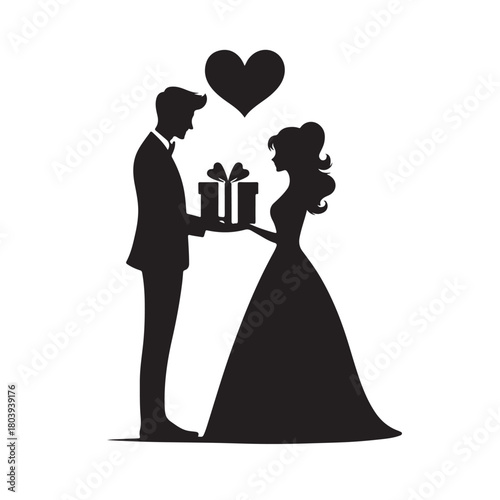Couple exchanging a gift silhouette