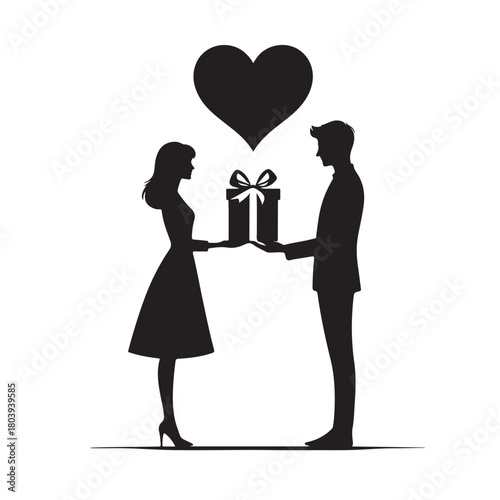 Couple exchanging a gift silhouette