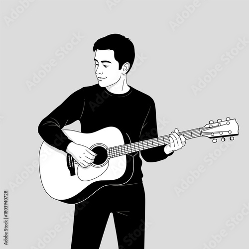 Young man passionately playing acoustic guitar, black and white vector art on gray.