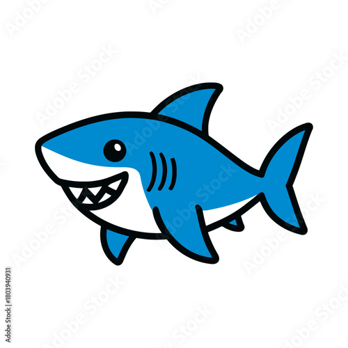 Smiling blue cartoon shark with white belly and sharp teeth.