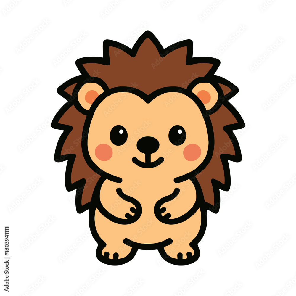 Obraz premium Cute cartoon hedgehog with brown spines and pink cheeks.