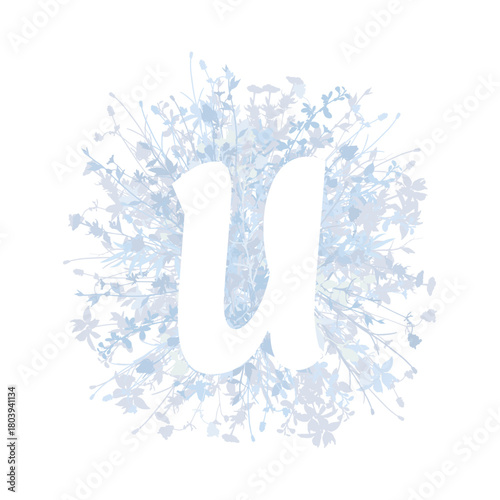 Easter, spring family floral monogram in pastel colors. White letter U on white background