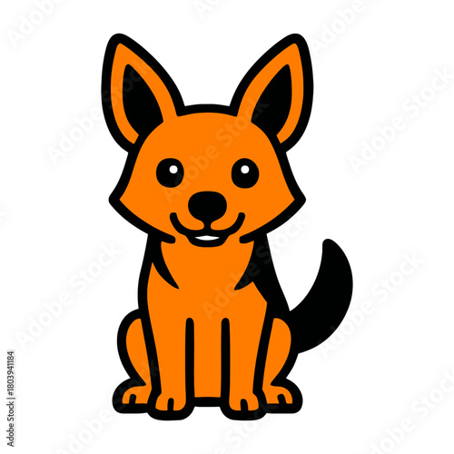 Smiling cartoon orange dog with pointy ears and black tail.