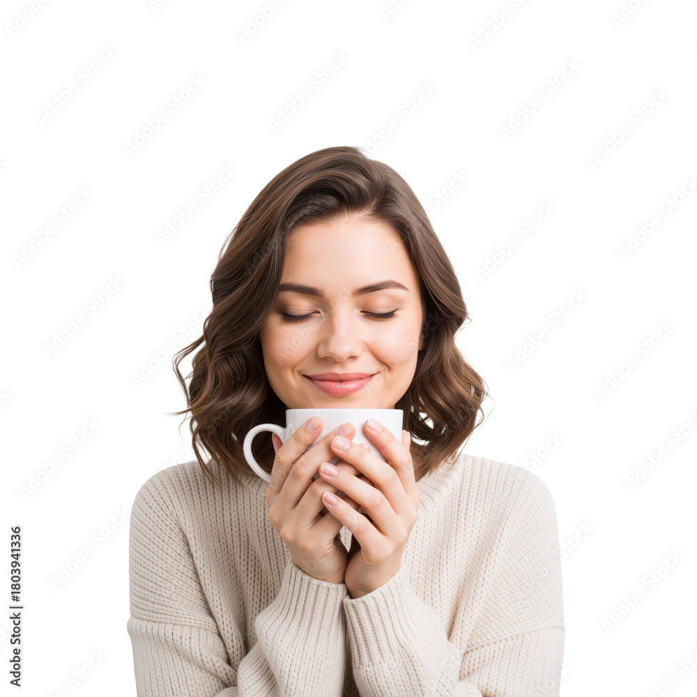 custom made wallpaper toronto digitalWoman Holding Mug with Eyes Closed – Cozy, Peaceful Moment of Warmth and Quiet Comfort

