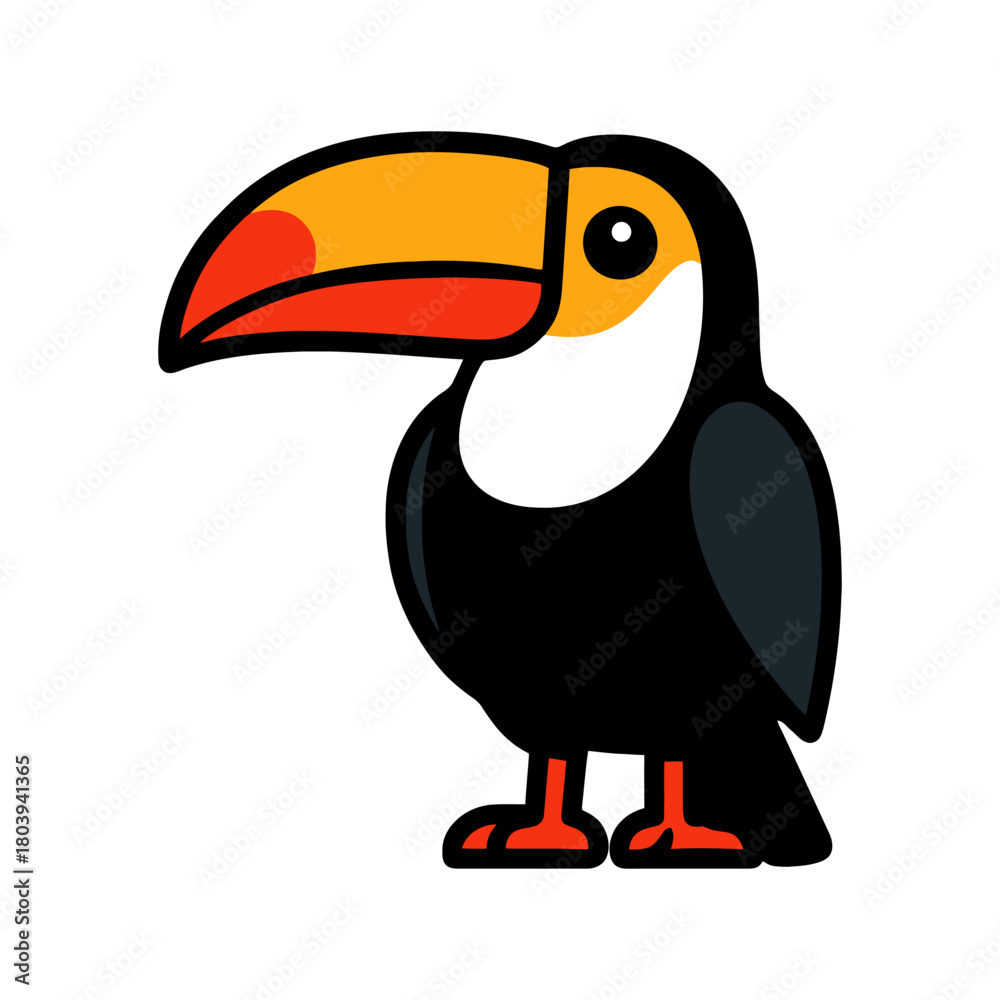 Obraz premium Cartoon toucan with bright beak and black feathers on white background.
