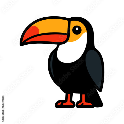 Cartoon toucan with bright beak and black feathers on white background.