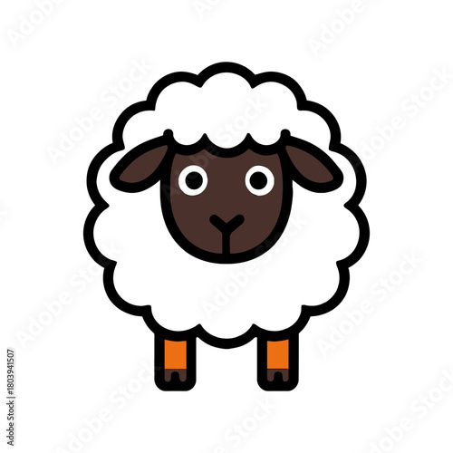 Cute cartoon sheep with black face and orange hooves on white background.