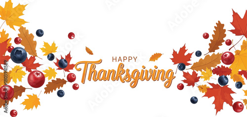 Happy Thanksgiving Watercolor Banner with Autumn Leaves, Berries & Blueberries – Festive Fall Design for Cards & Social Media