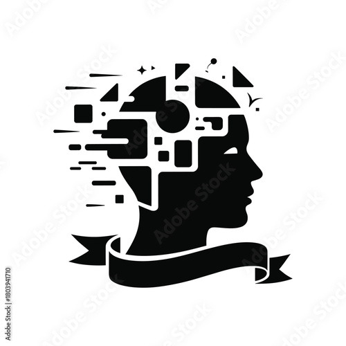 Digital Mind Fragmentation Silhouette with Abstract Shapes