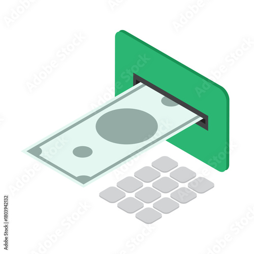 Isometric dollar cash is accepted into a bill acceptor at a street bank terminal. Isolated cartoon vector on white background top view
