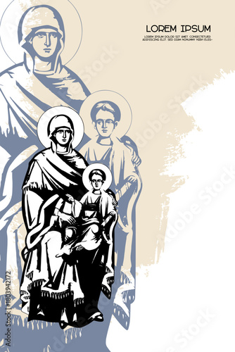 Religious vintage poster template with Holy Mary. Christian illustration in Byzantine style