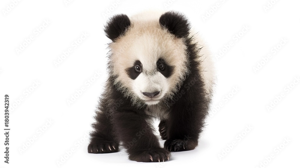Naklejka premium Adorable Panda Cub Collection: Cute Panda Cubs with Bamboo, Playful Poses, and Pure White Backgrounds for Wildlife, Nature, and Conservation Inspiration