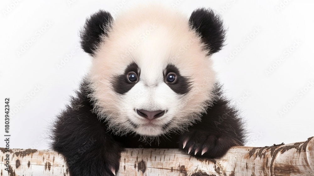 Naklejka premium Adorable Panda Cub Collection: Cute Panda Cubs with Bamboo, Playful Poses, and Pure White Backgrounds for Wildlife, Nature, and Conservation Inspiration