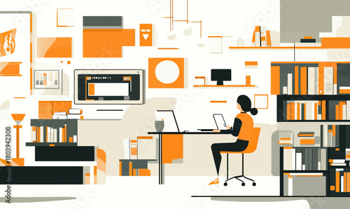 Person working on laptop in modern digital workspace with bookshelves computer monitors office chair flat vector illustration technology education concept