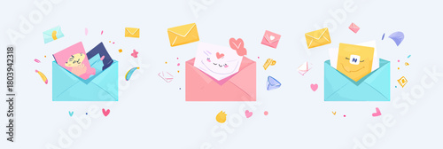 Set of three colorful open envelopes with cute paper characters and flying mail icons in flat vector illustration style for email communication and messaging concepts