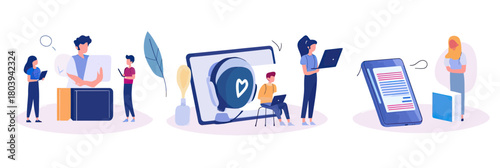 People engaged in online learning using laptops and smartphones with digital education icons in minimalist flat vector style
