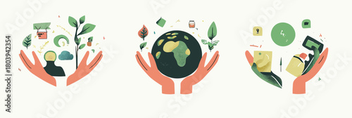 Hands holding green plant with ecological icons, earth globe with leaves and recycling symbols, solar panel and battery for clean energy concept flat vector illustration set