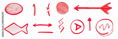 Hand drawn red marker arrows underline circle ellipse fish shape play button and abstract doodle sketch vector set for emphasis and decoration elements