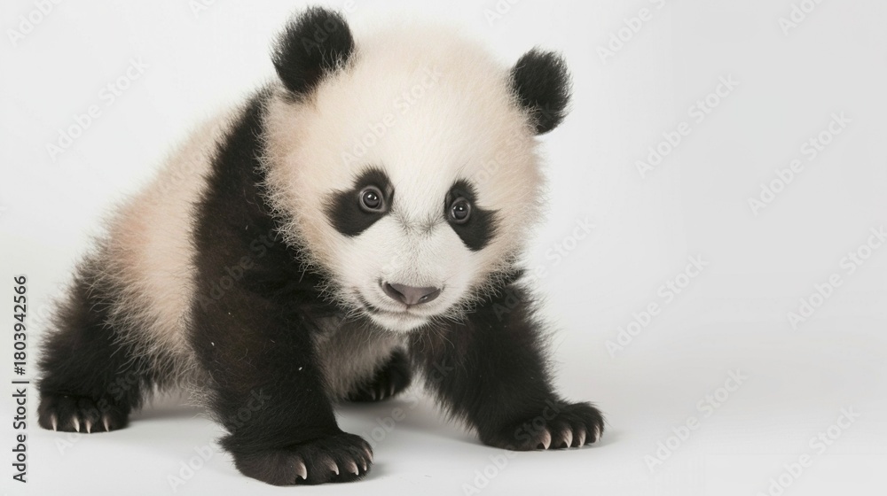 Naklejka premium Adorable Panda Cub Collection: Cute Panda Cubs with Bamboo, Playful Poses, and Pure White Backgrounds for Wildlife, Nature, and Conservation Inspiration