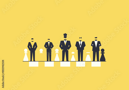 Business team standing as chess pieces with king, knight, and pawns symbolizing strategic planning and teamwork for success concept vector illustration