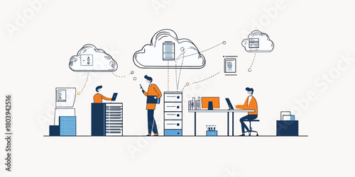 Flat vector illustration of remote team working with cloud storage data servers sharing files and documents in digital workspace environment technology concept