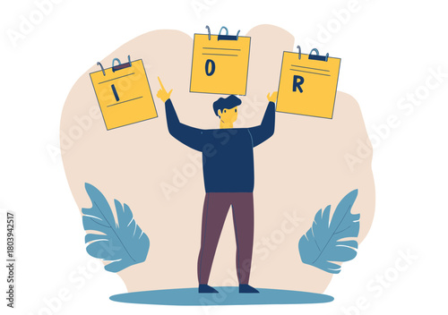 Flat vector illustration of young man juggling three calendars with letters I O R, concept of time management organization planning and task prioritization in minimalist style