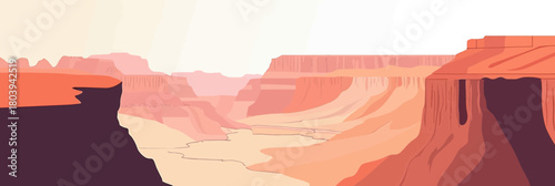 Grand Canyon landscape vector illustration with smooth layered red rock cliffs and winding river in minimalist flat style panoramic desert canyon background