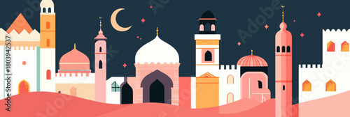 Muslim cityscape with mosque minarets crescent moon starry night silhouette Middle Eastern architecture desert dunes vector illustration Ramadan Kareem greeting card design