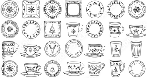 Hand-Drawn Christmas Dishes: Plates, Cups, and Glasses Vector Illustration