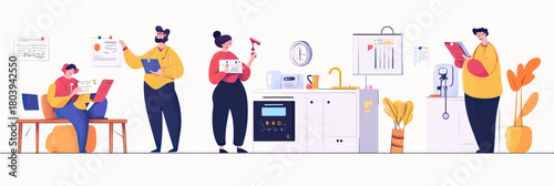 People calculating household utility bills with electricity meter, gas stove, water heater, documents, and digital devices in flat vector style