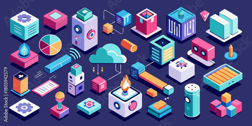A futuristic set of modern isometric technology and data icons. Colorful 3D vector illustrations for cloud computing and server concepts
