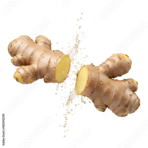 Fresh Ginger Roots Splitting Open with Splashing Water on White Background