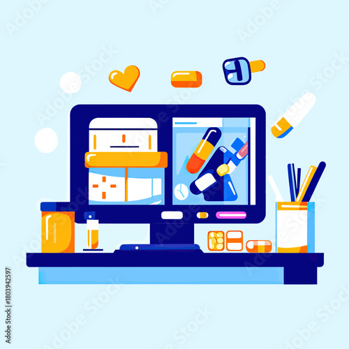 Online pharmacy concept with computer screen displaying various prescription pills and bottles in flat minimalist vector style