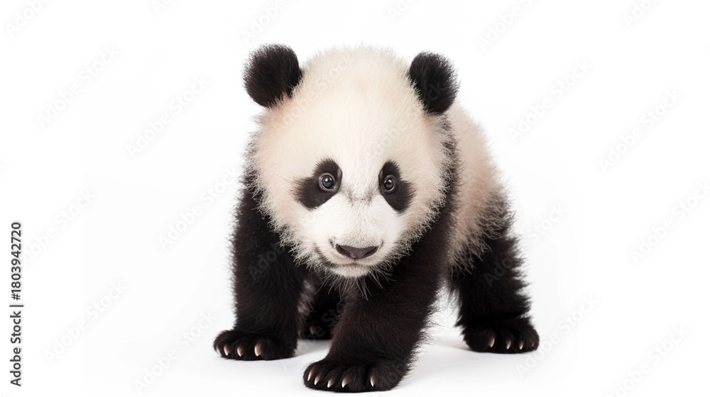 Fototapeta premium Adorable Panda Cub Collection: Cute Panda Cubs with Bamboo, Playful Poses, and Pure White Backgrounds for Wildlife, Nature, and Conservation Inspiration