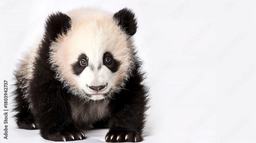 Naklejka premium Adorable Panda Cub Collection: Cute Panda Cubs with Bamboo, Playful Poses, and Pure White Backgrounds for Wildlife, Nature, and Conservation Inspiration