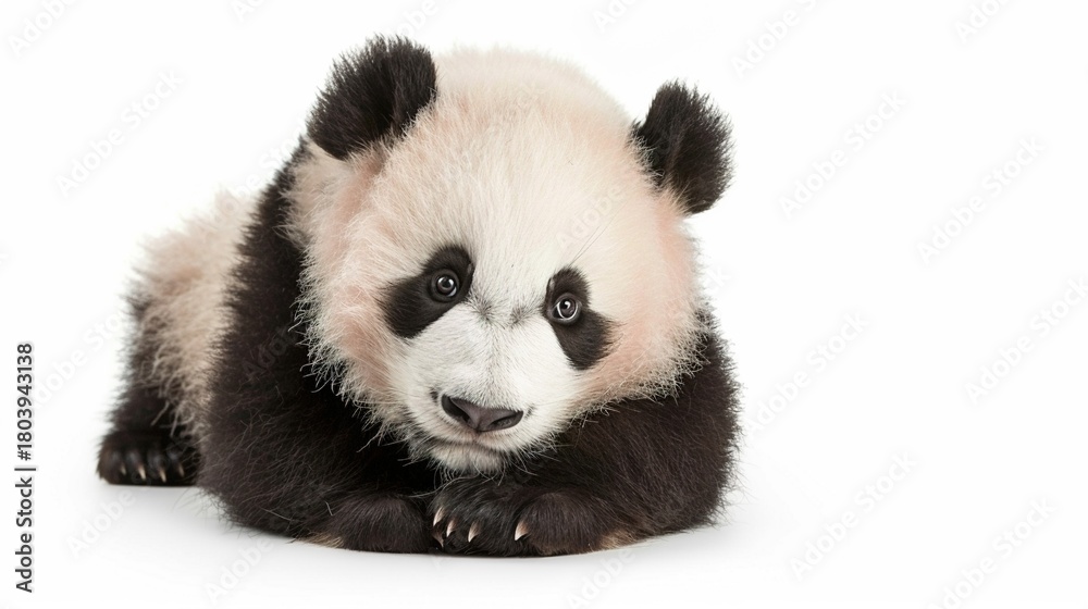 Naklejka premium Adorable Panda Cub Collection: Cute Panda Cubs with Bamboo, Playful Poses, and Pure White Backgrounds for Wildlife, Nature, and Conservation Inspiration