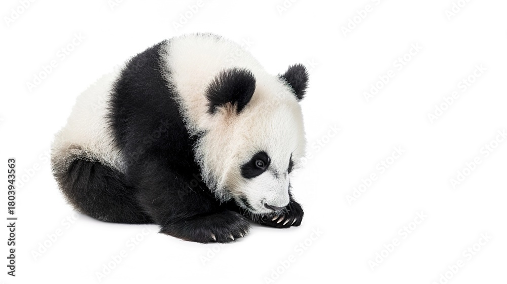 Fototapeta premium Adorable Panda Cub Collection: Cute Panda Cubs with Bamboo, Playful Poses, and Pure White Backgrounds for Wildlife, Nature, and Conservation Inspiration