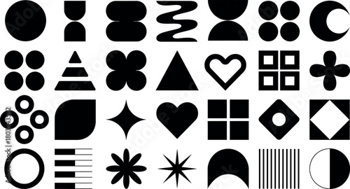 Collection of abstract geometric shapes and icons in black and white for graphic design and art projects