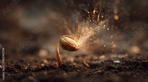 The shape of a germinating seed with golden sparks of energy radiating from its husk symbolizes growth, potential, opportunity, vitality, new beginnings and the powerful rise of natural life.
