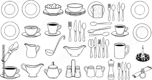 Set of Black and White Line Art Illustrations of Various Kitchen and Dining Utensils, Tableware, and Serving Items