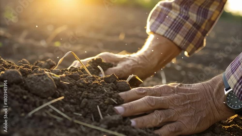 Elderly hands planting seedling soil golden sunrise with sunlight and nurturing touch hands inspecting fertile soil agricultural field close up