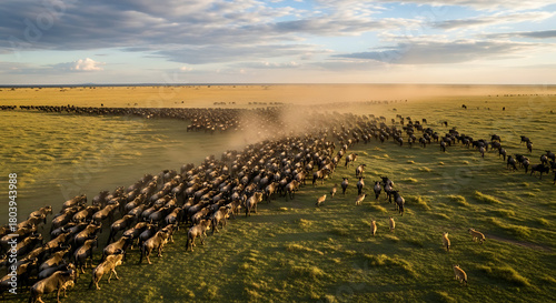 Aerial View of Liuwa Plain Wildebeest Migration and Hyenas
