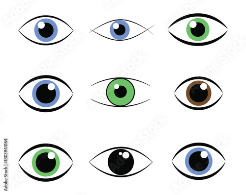 Eye colors sight icons set - vector buttons set. eye icon collection. vision symbol. design of line shapes and silhouettes. retina vector isolated on white background. illustration for apps and web.