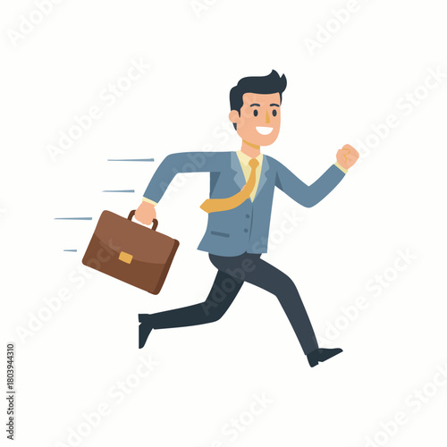 A businessman in a suit is running with a briefcase, representing urgency and professional activity.