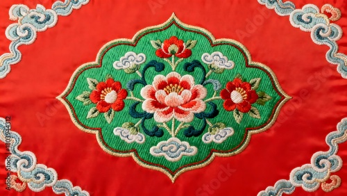 Embroidered floral pattern on red fabric