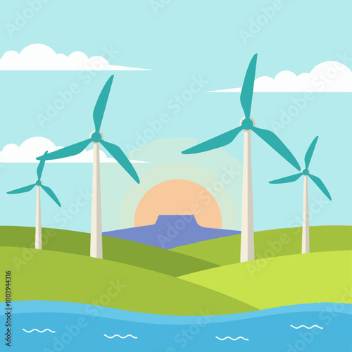 An illustration of wind turbines generating renewable energy in a beautiful natural landscape during sunset.
